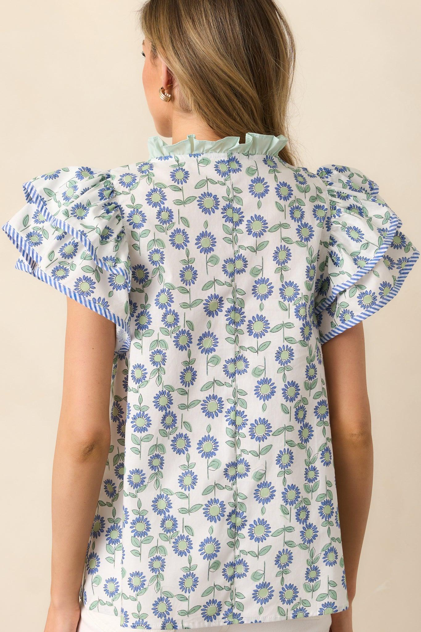 The More The Merrier Green Floral Cotton Flutter Sleeve Top Product Image