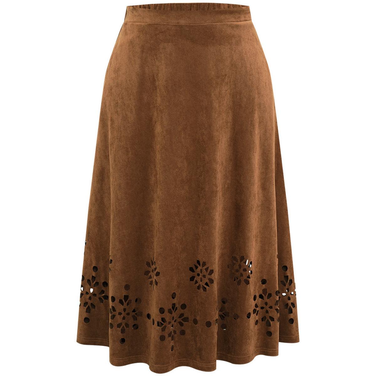 Plus Size Plain Elastic Waist Pocket Laser Cut Skirt Women DarkBrown Office Plain No stretch Pocket Work Skirts BloomChic 30/6X Product Image
