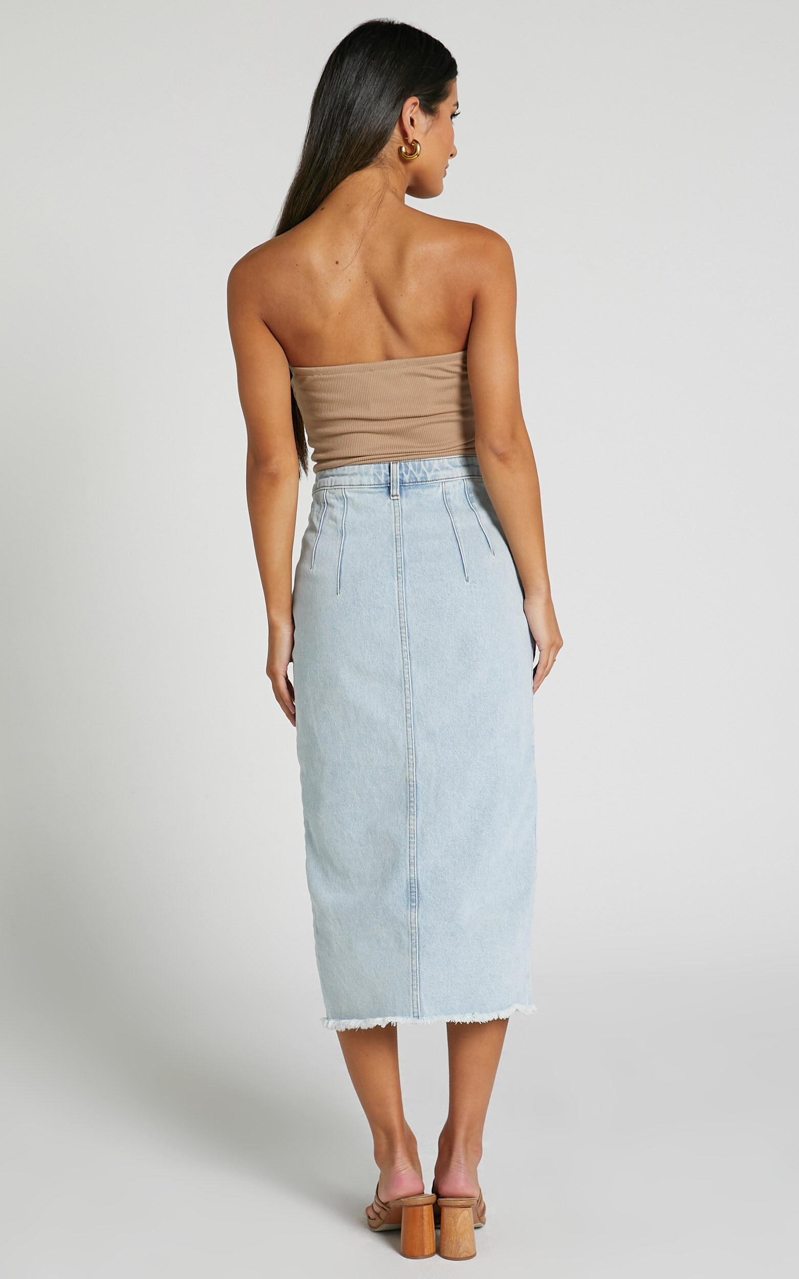Janeve Midi Skirt - Front Split Denim Skirt in MID WASH Product Image