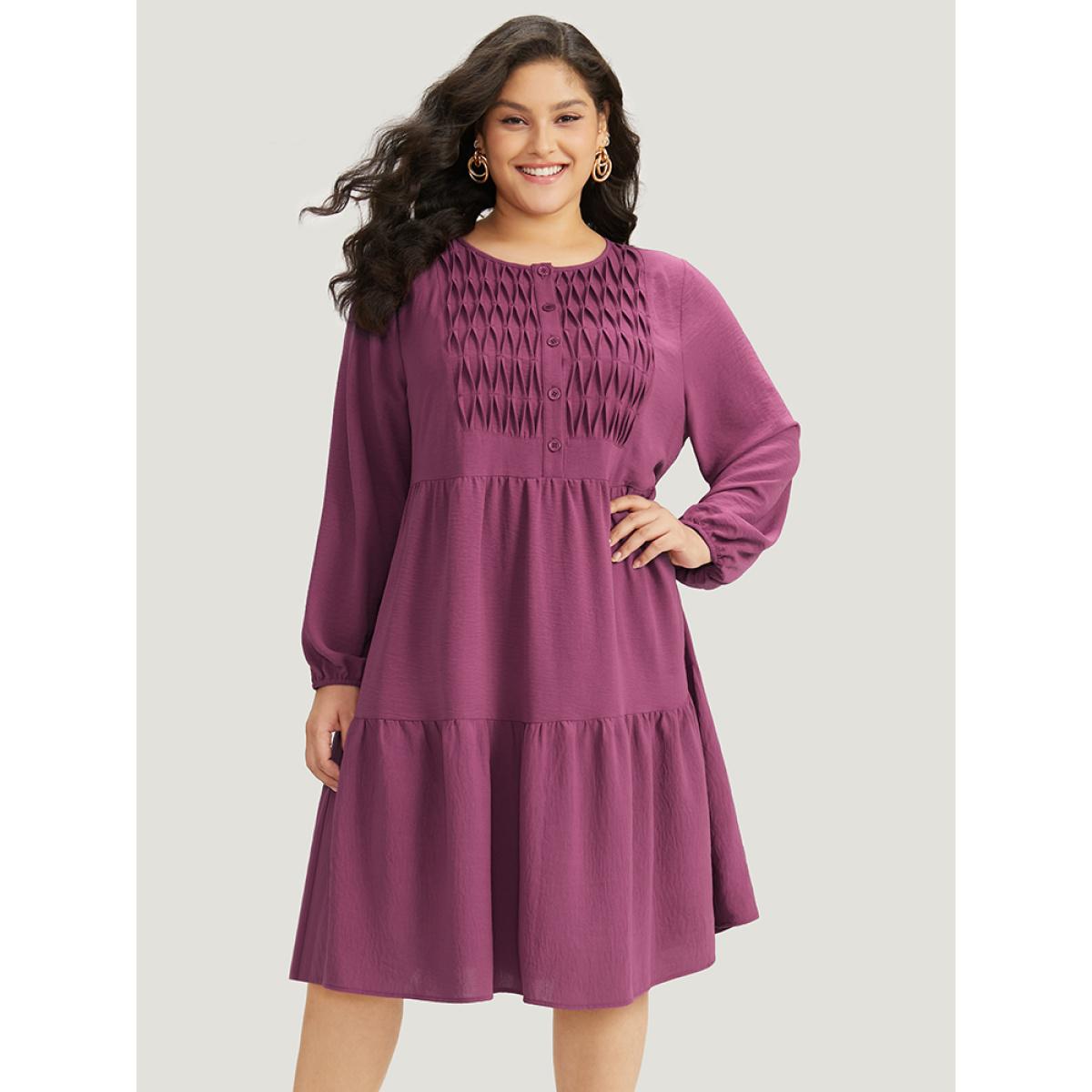Plus Size Plain Plicated Detail Layered Hem Dress RedViolet Women Elegant Elastic cuffs Round Neck Long Sleeve Curvy Midi Dress BloomChic 10/M Product Image