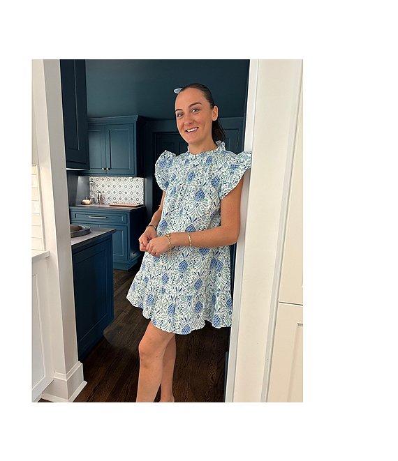 SAIL to SABLE Woven Pineapple Print Ruffle Mock Neck Flutter Sleeve Shift Dress Product Image