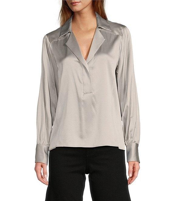 Antonio Melani Violet Silk Notch Collar V-Neck Long Blouson Sleeve Blouse Product Image