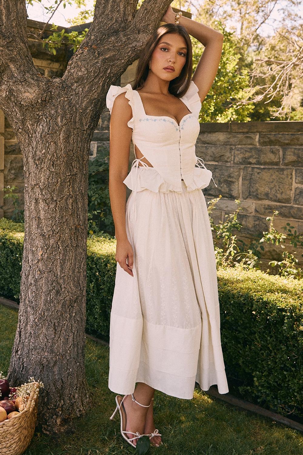 Augustine  white embroidered cotton midi skirt Product Image