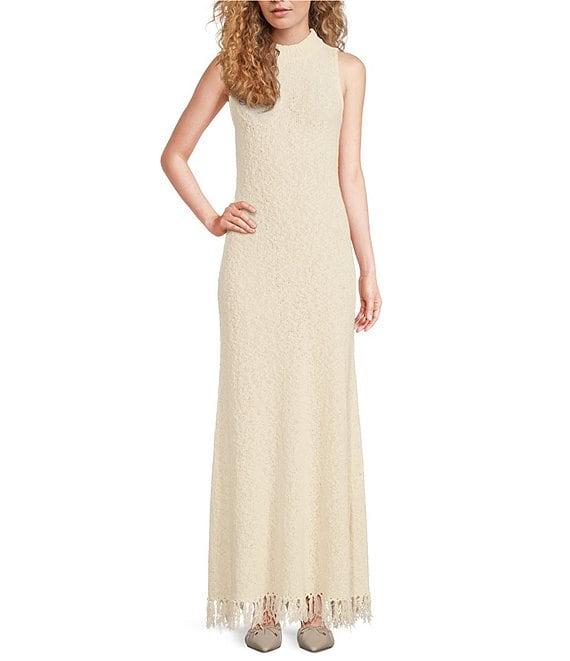 Le' AL.X Boucle Sweater Knit Mock Neck Sleeveless Shift Fringe Hem Maxi Dress Product Image