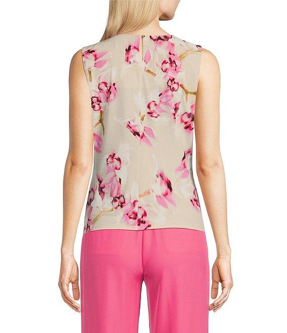 Calvin Klein Floral Printed Matte Jersey Pleated Crew Neck Cami Product Image