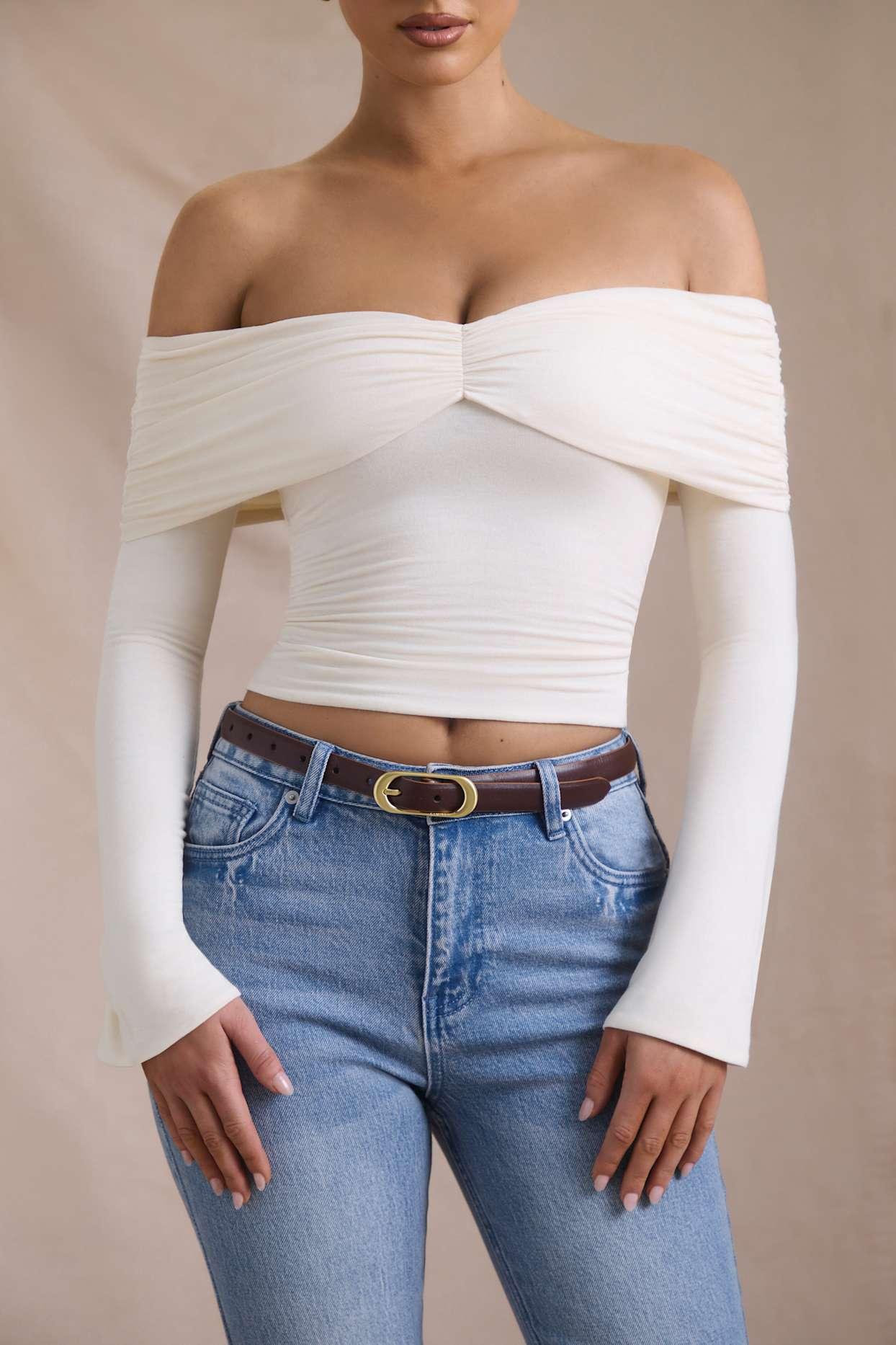 Modal-Cashmere Blend Off-Shoulder Ruched Top in Ivory Product Image