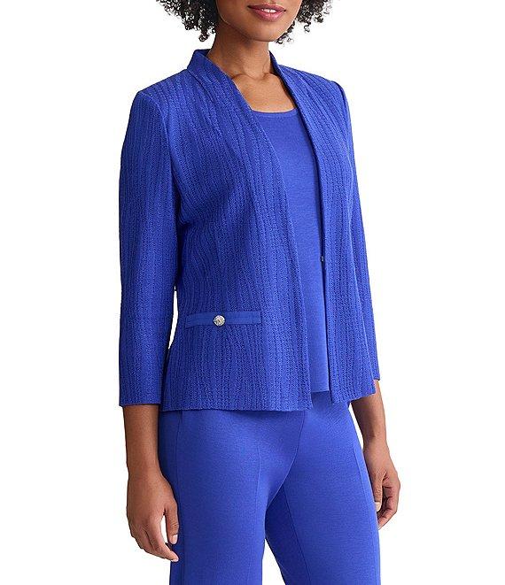 Ming Wang Textured Wave Knit V-Neck 3/4 Sleeve Jacket Product Image