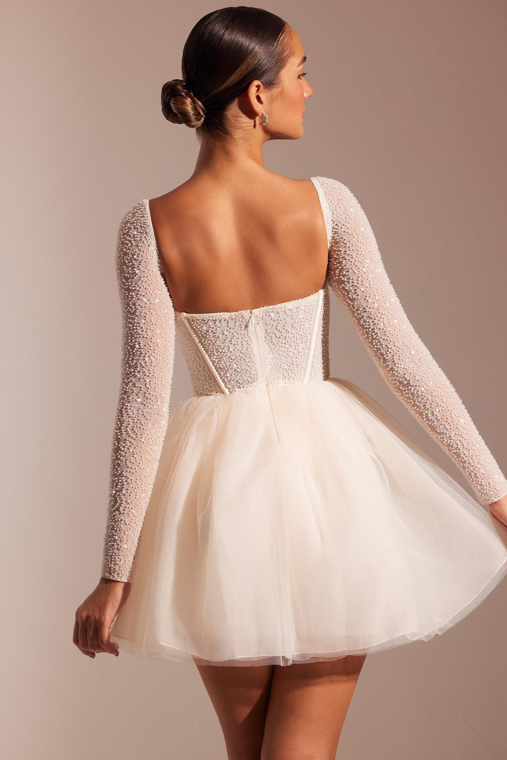 Embellished Long Sleeve Tulle Skirt Mini Dress in Ivory Product Image