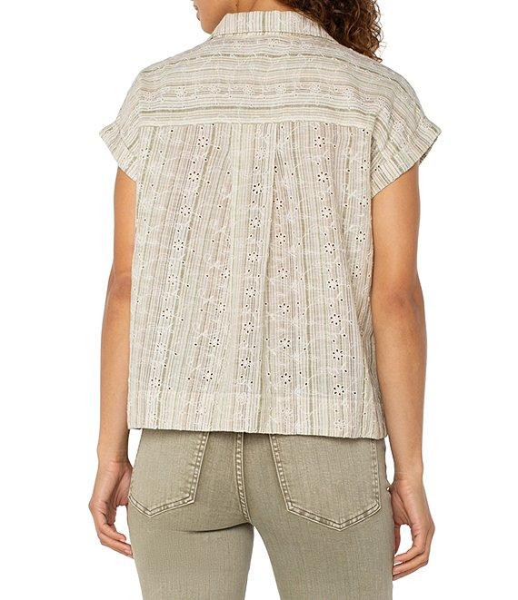 Liverpool Los Angeles Yarn-Dyed Stripe Notch Collar Rolled Cap Sleeve Camp Shirt Product Image