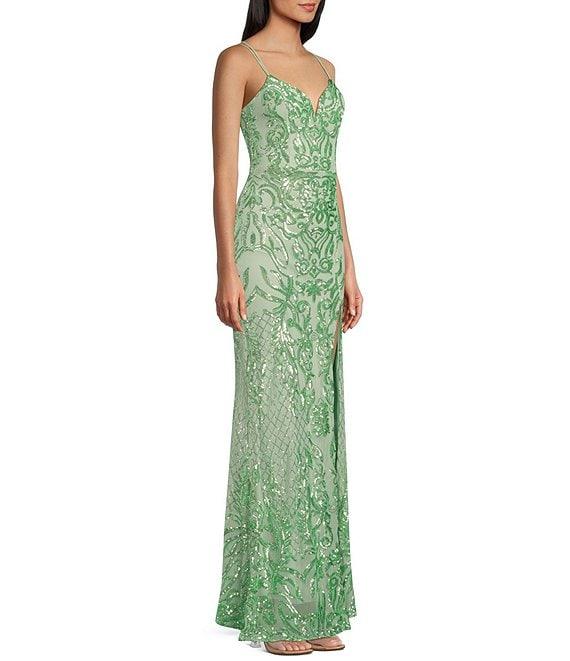 B. Darlin Sequin Mesh Pattern Double Spaghetti Strap V-Neck Lace-Up Back A-Line Dress Product Image