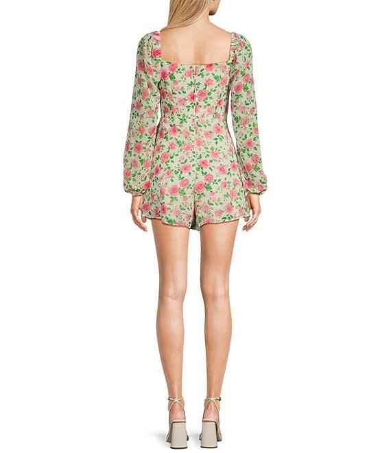Honey and Rosie Floral Chiffon Cowl Neck Long Sleeve Ruffle Front Romper Product Image
