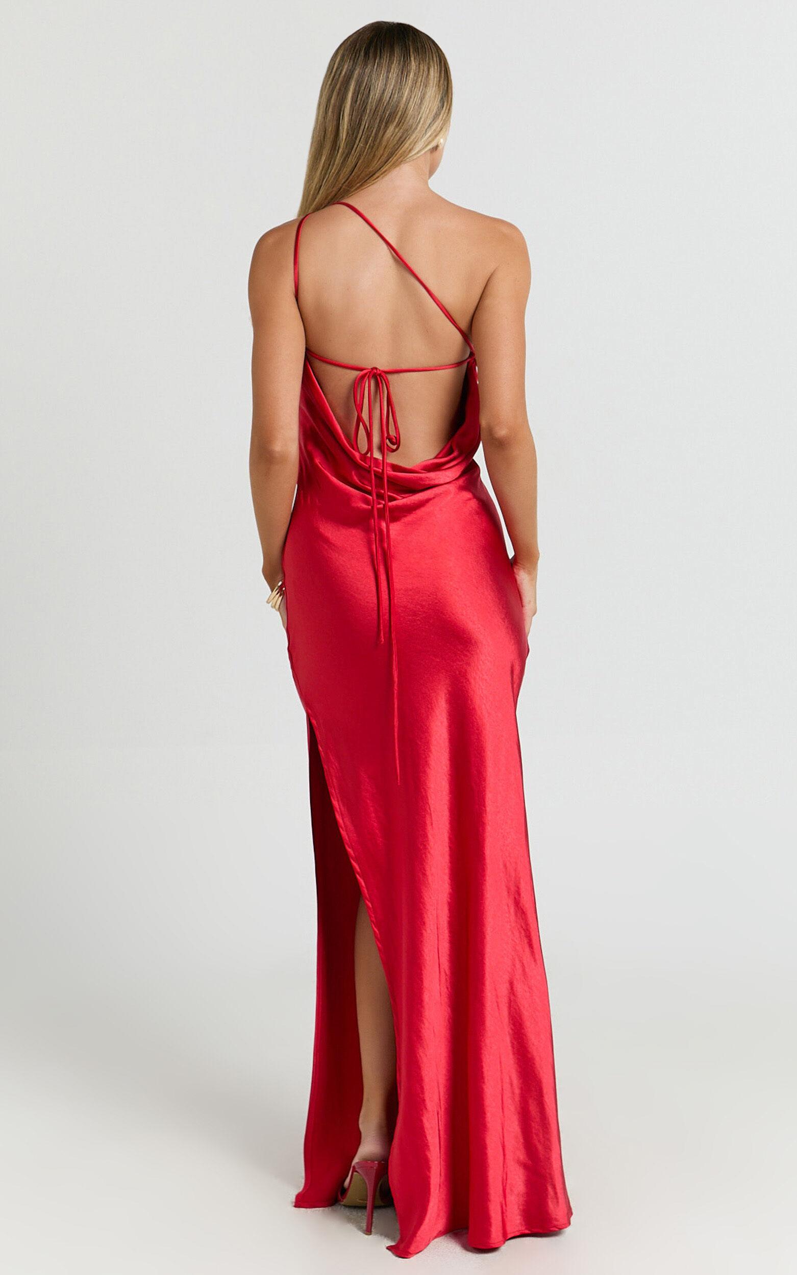 Helga Maxi Dress - Satin One Shoulder Cowl Back Bias Cut Dress in Red Product Image