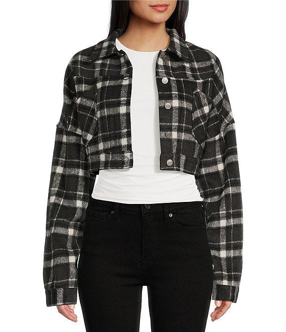 Double Zero Long Sleeve Dark Plaid Cropped Jacket Product Image