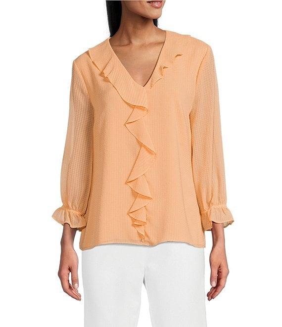 Investments Petite Size Riley Woven Cascading Ruffle V-Neck 3/4 Sleeve Top Product Image