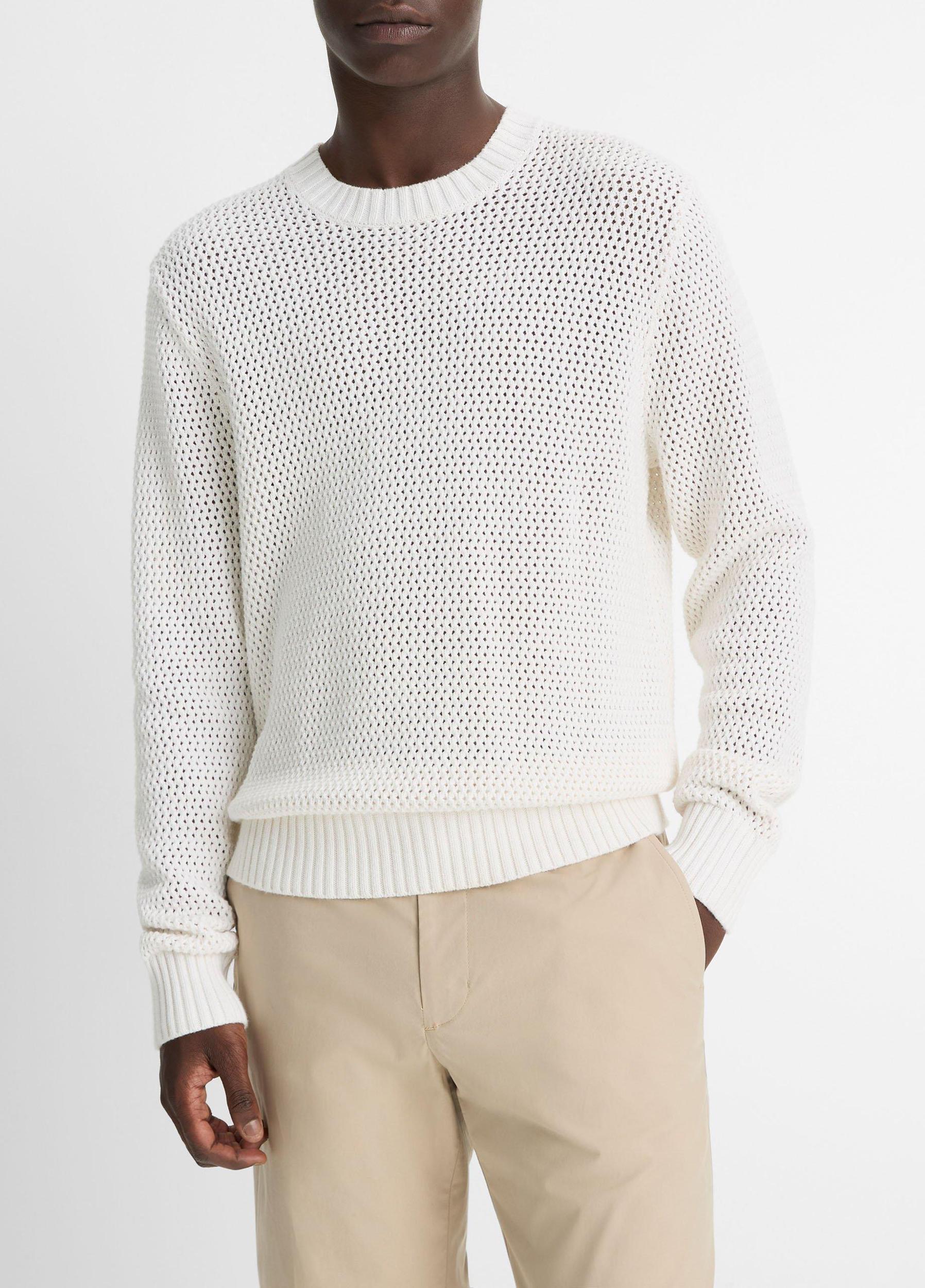 Mesh-Stitch Cotton-Cashmere Crew Neck Sweater Product Image