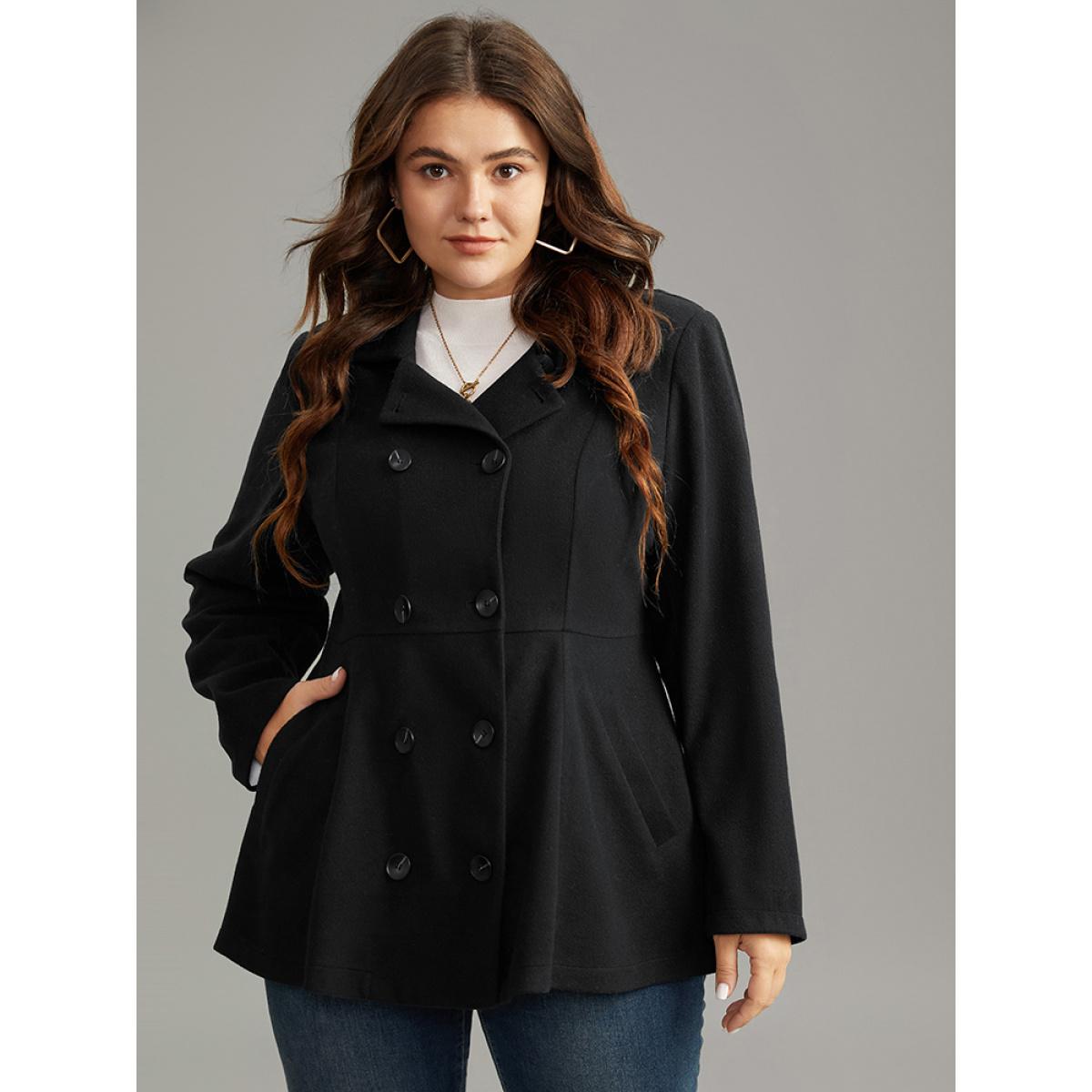Plus Size Lapel Collar Double Breasted Blazer Black Women Dailywear Plain Plain Sleeve Long Sleeve Lapel Collar 12/L Pocket Casual Blazers BloomChic Product Image