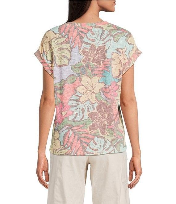 Democracy Floral Scoop Neck Short Roll Cuff Sleeve Knit Top Product Image