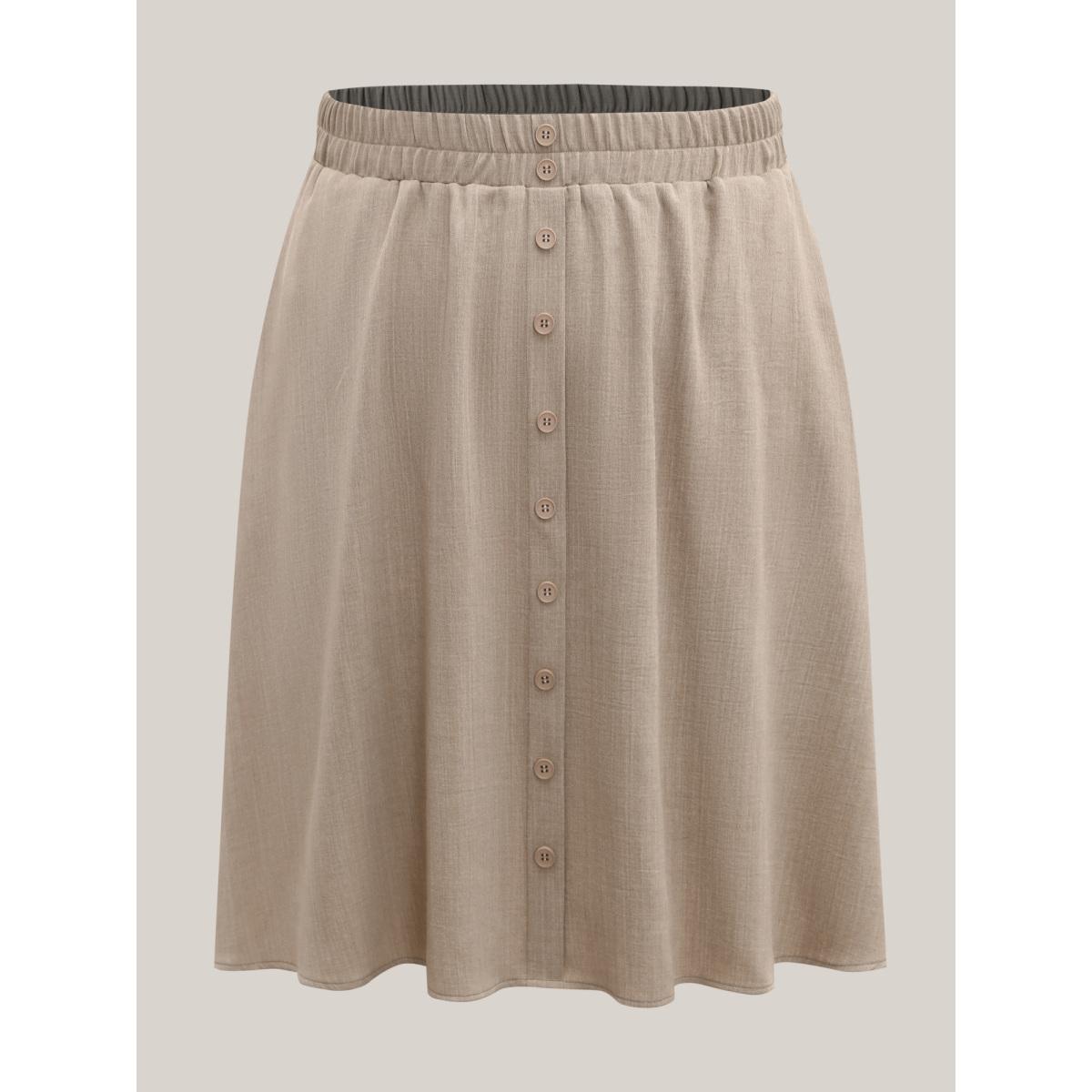 Plus Size Button Detail Textured A-Line Midi Skirt Women LightBrown Loose No stretch Side seam pocket Everyday-Casual Skirts BloomChic 28/5X Product Image