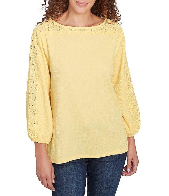 Ruby Rd. Textured Eyelet Trim Boat Neck Bracelet Length Sleeve Knit Top Product Image