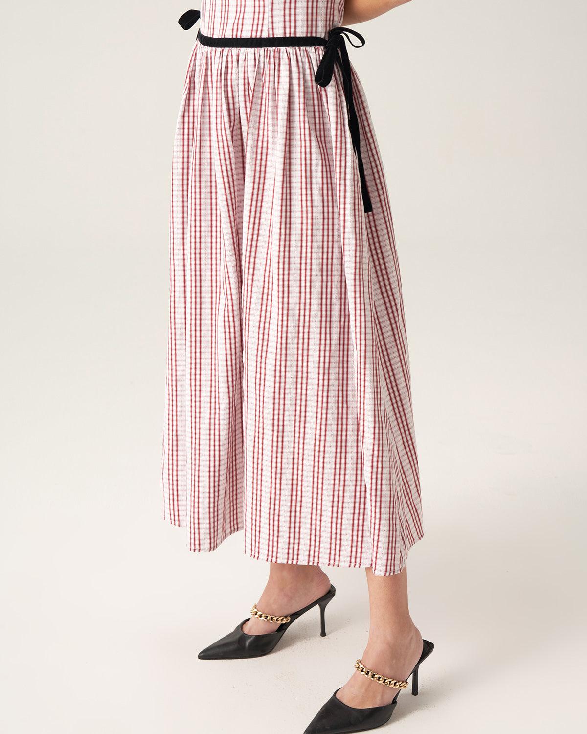 Red Plaid Boat Neck Midi Dress Product Image