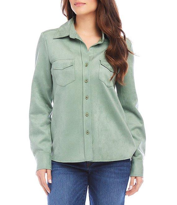 Karen Kane Stretch Faux Suede Collared Neckline Long Sleeve Button Front Shirt Product Image