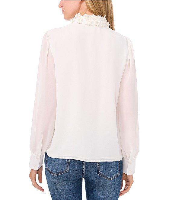 CeCe Georgette Floral 3D Applique Pointed Collar Long Sleeve Hidden Button Front Blouse Product Image