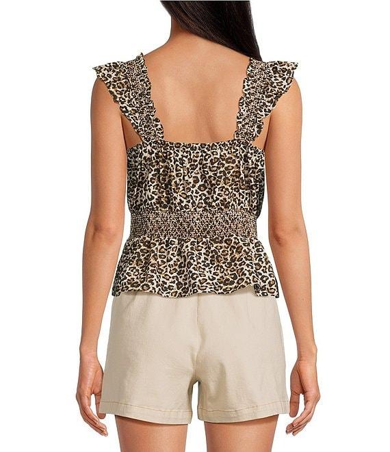 Skies Are Blue Leopard Poplin V-Neck Ruffle Cap Sleeve Smocked Peplum Top Product Image