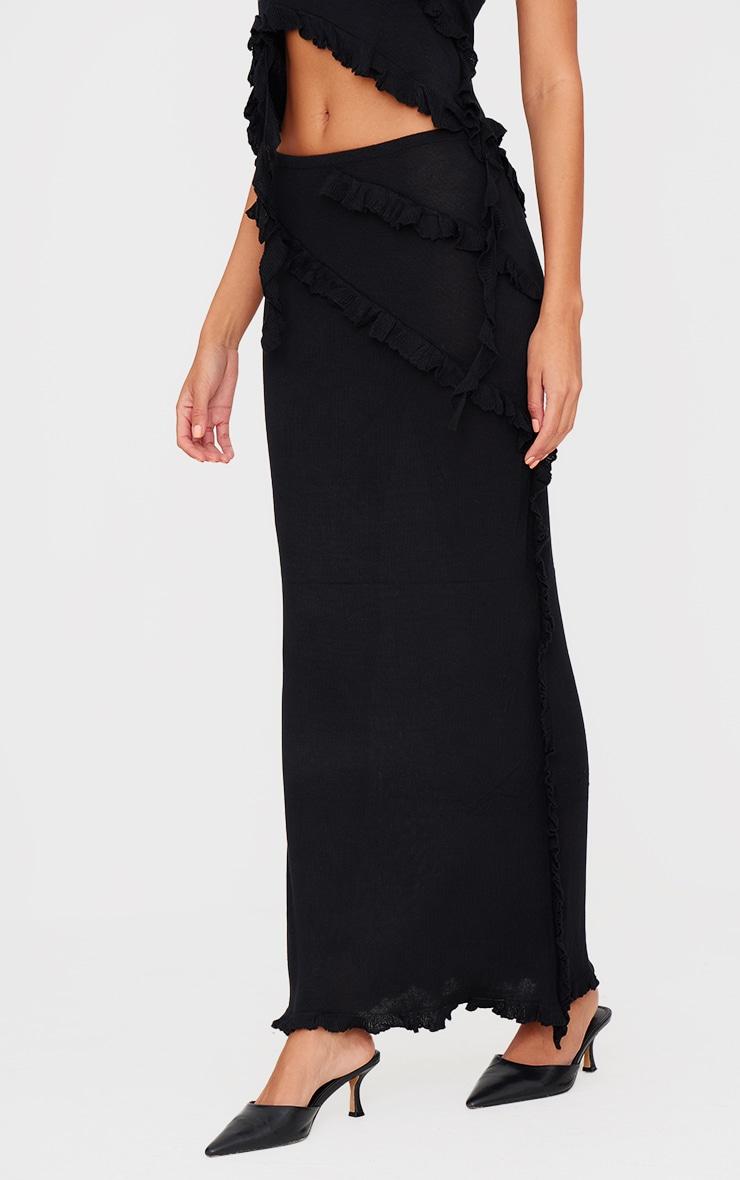 Black Rib Knit Frill Detail Maxi Skirt Product Image