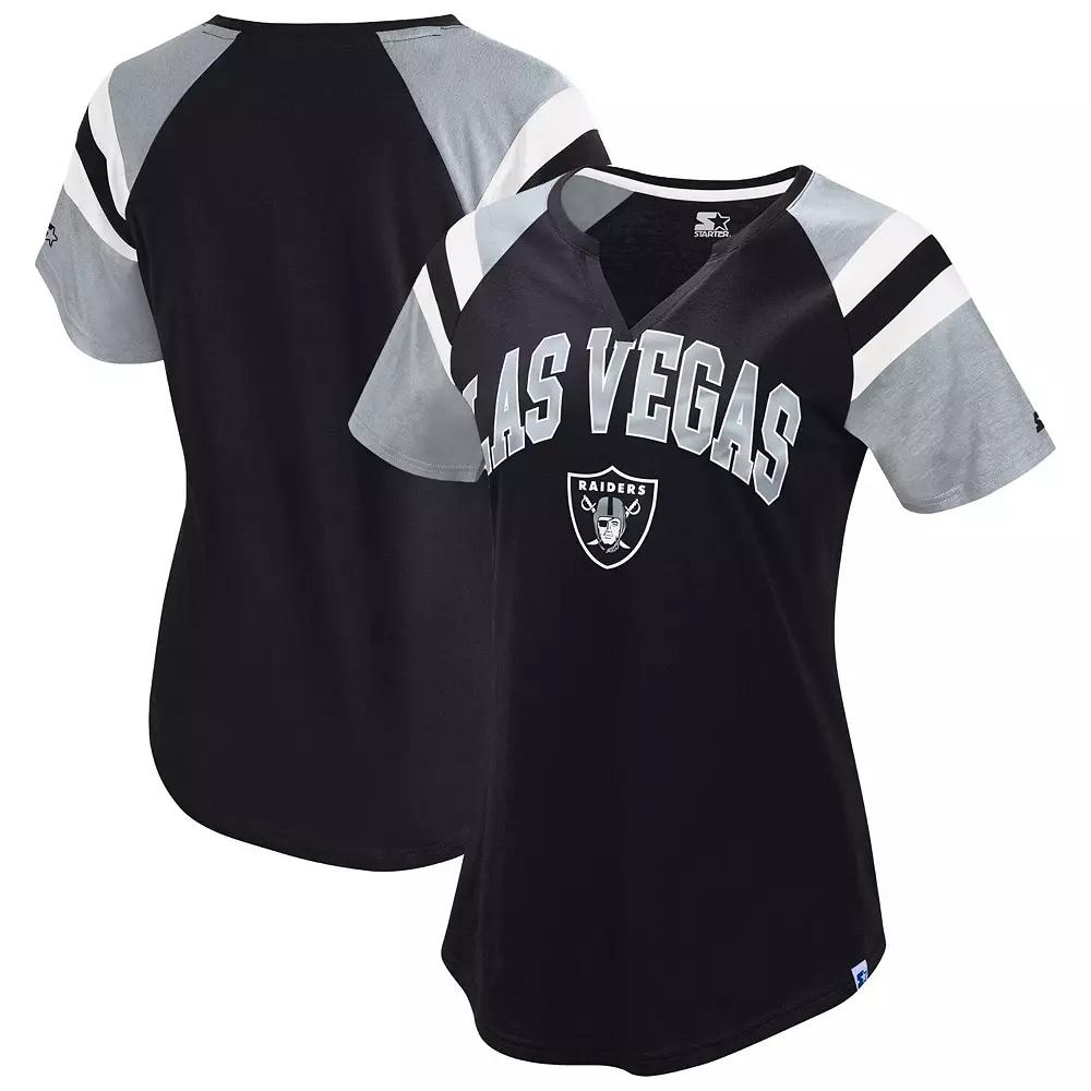 Women's Starter  Black Las Vegas Raiders Game On Notch Neck Raglan T-Shirt, Size: 2XL, Lvr Black Product Image