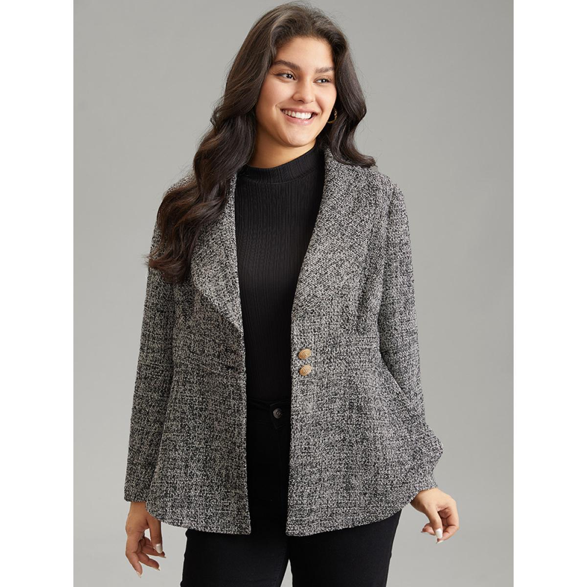 Plus Size Solid Texture Suit Collar Buckle Detail Blazer Black Women Office Plain Texture Sleeve Long Sleeve Suit Collar 10/M At the Office Blazers BloomChic Product Image