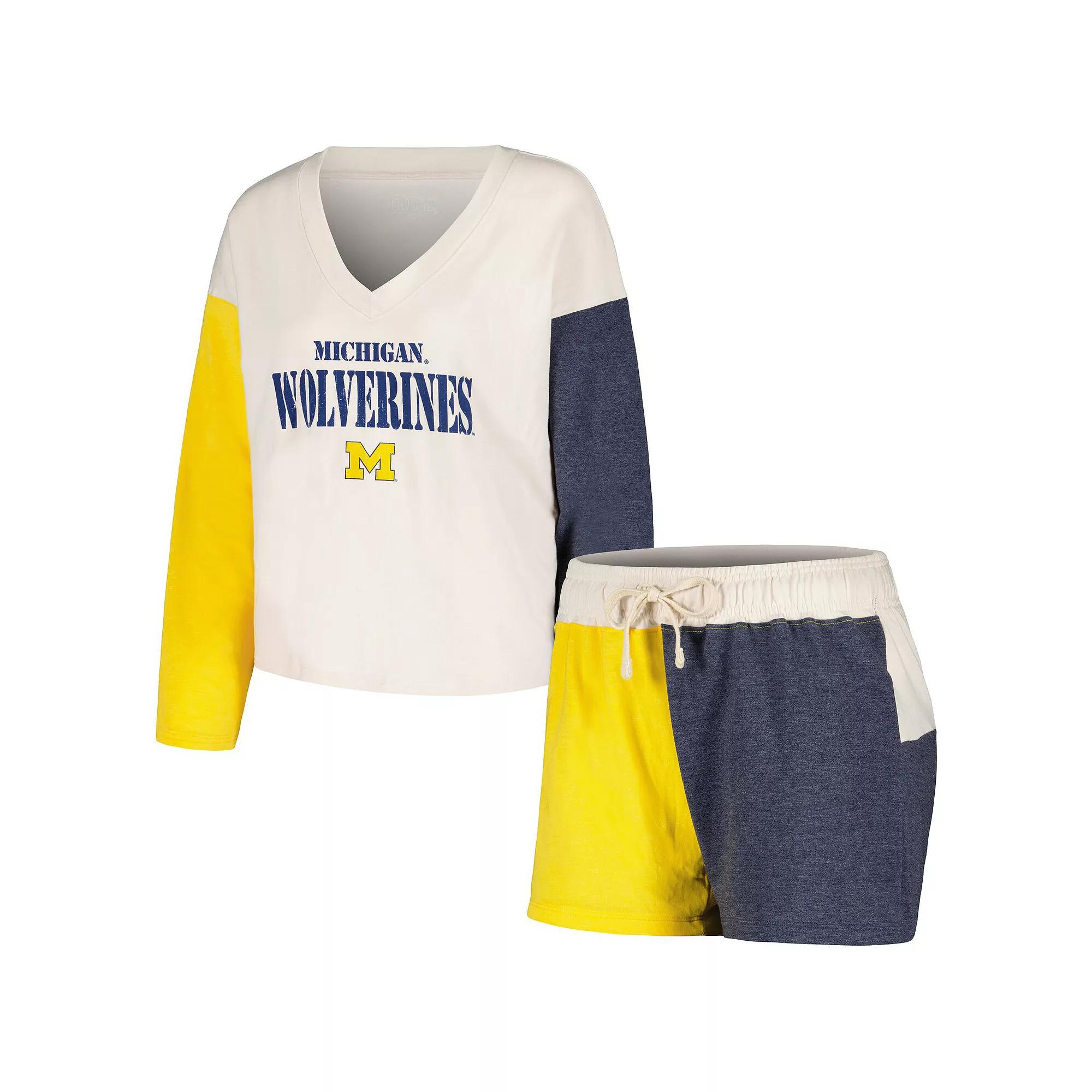 Women's Wes & Willy Cream Michigan Wolverines Colorblock Tri-Blend Long Sleeve V-Neck T-Shirt & Shorts Sleep Set, Size: Large, Beige Product Image