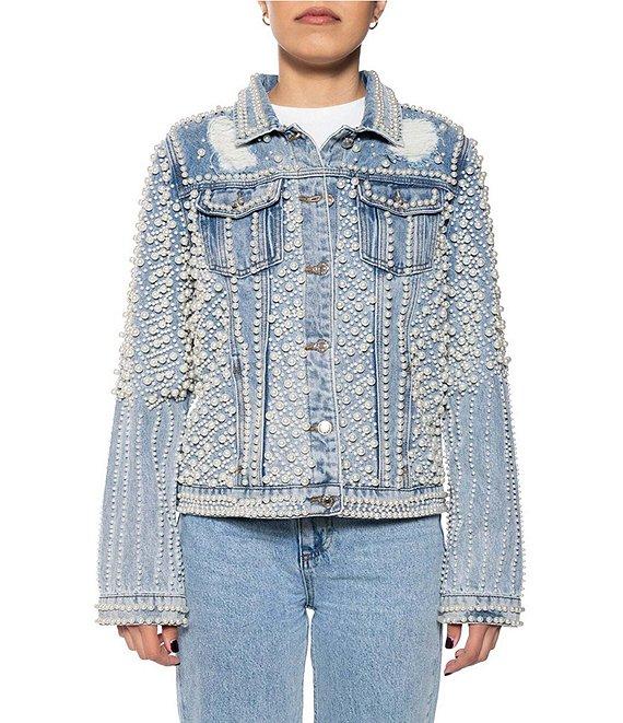 Azalea Wang Alara Pearl Embellished Collared Cropped Denim Jacket Product Image