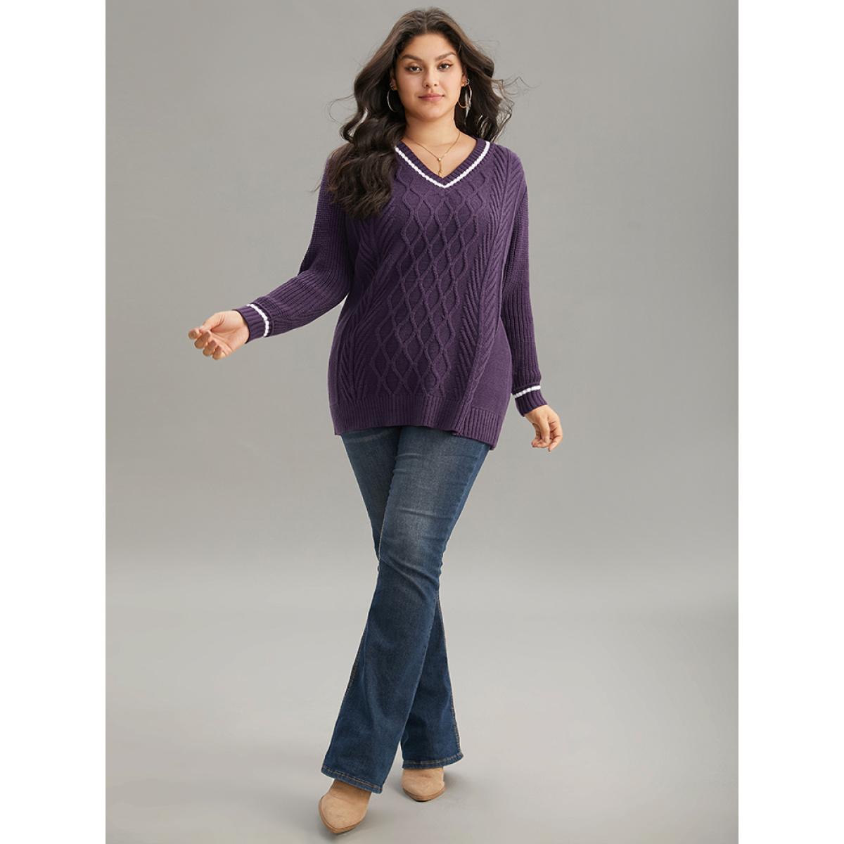 Plus Size Plain Texture Contrast V Neck Cable Knit Pullover Eggplant Women Casual Loose Long Sleeve V-neck Dailywear Pullovers BloomChic 10/M Product Image
