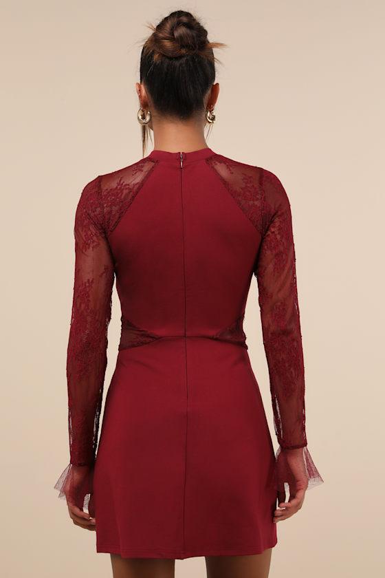 Bragging Rights Burgundy Lace Long Sleeve Skater Dress Product Image