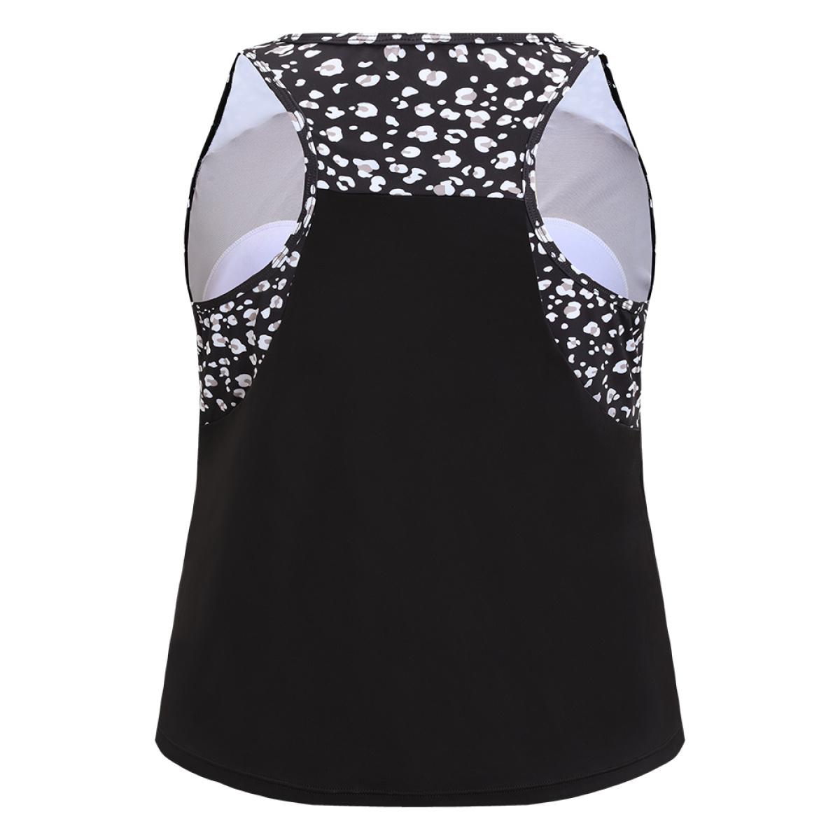 Plus Size Allover Patchwork Gathered Round Neck Tankini Top Women's Swimwear Black Vacation Gathered High stretch Round Neck Curve Swim Tops BloomChic 14-16/1X Product Image