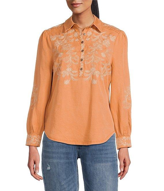 Reba Prescott Woven Point Collar Long Sleeve Embroidered Peasant Shirt Product Image