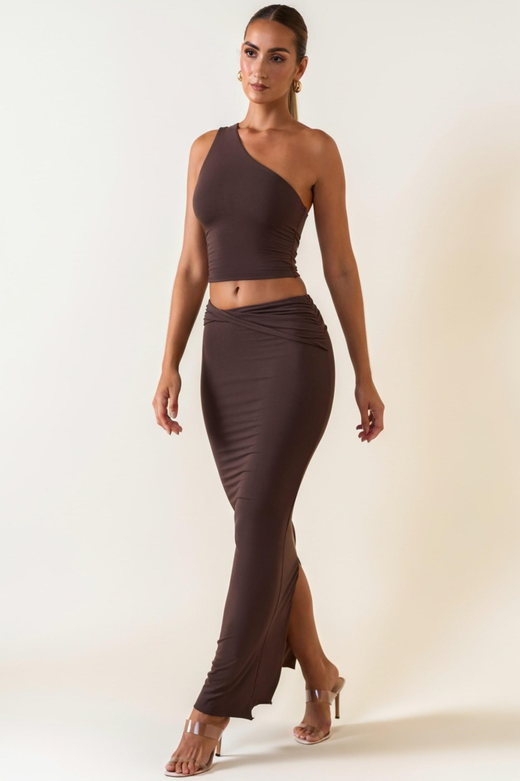Modal Twist-Front Maxi Skirt in Chocolate Brown Product Image