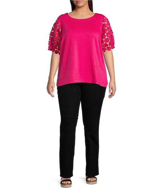 Ali Miles Plus Size Knit Round Neck Short Puff Sleeve Tunic Product Image