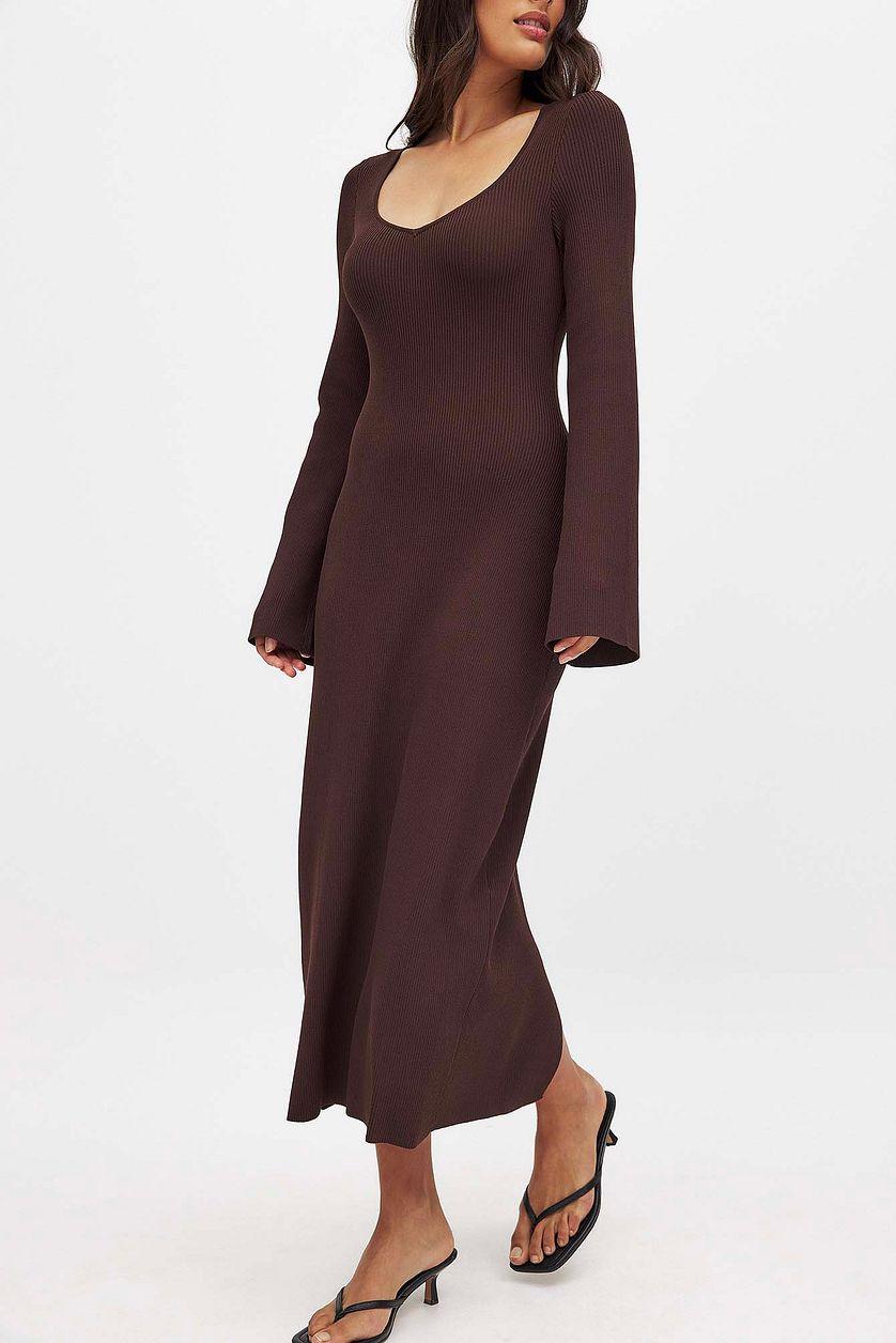 Fine Knitted Trumpet Sleeve Midi Dress Product Image