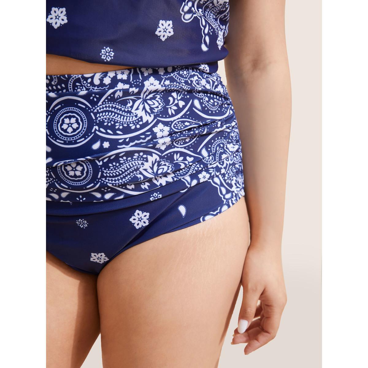 Plus Size Ruched Bandana Print High Rise Swim Bottom Women's Swimwear Navy Beach Non High stretch Skinny High Rise Curve Swim Bottoms BloomChic 18-20/2X Product Image