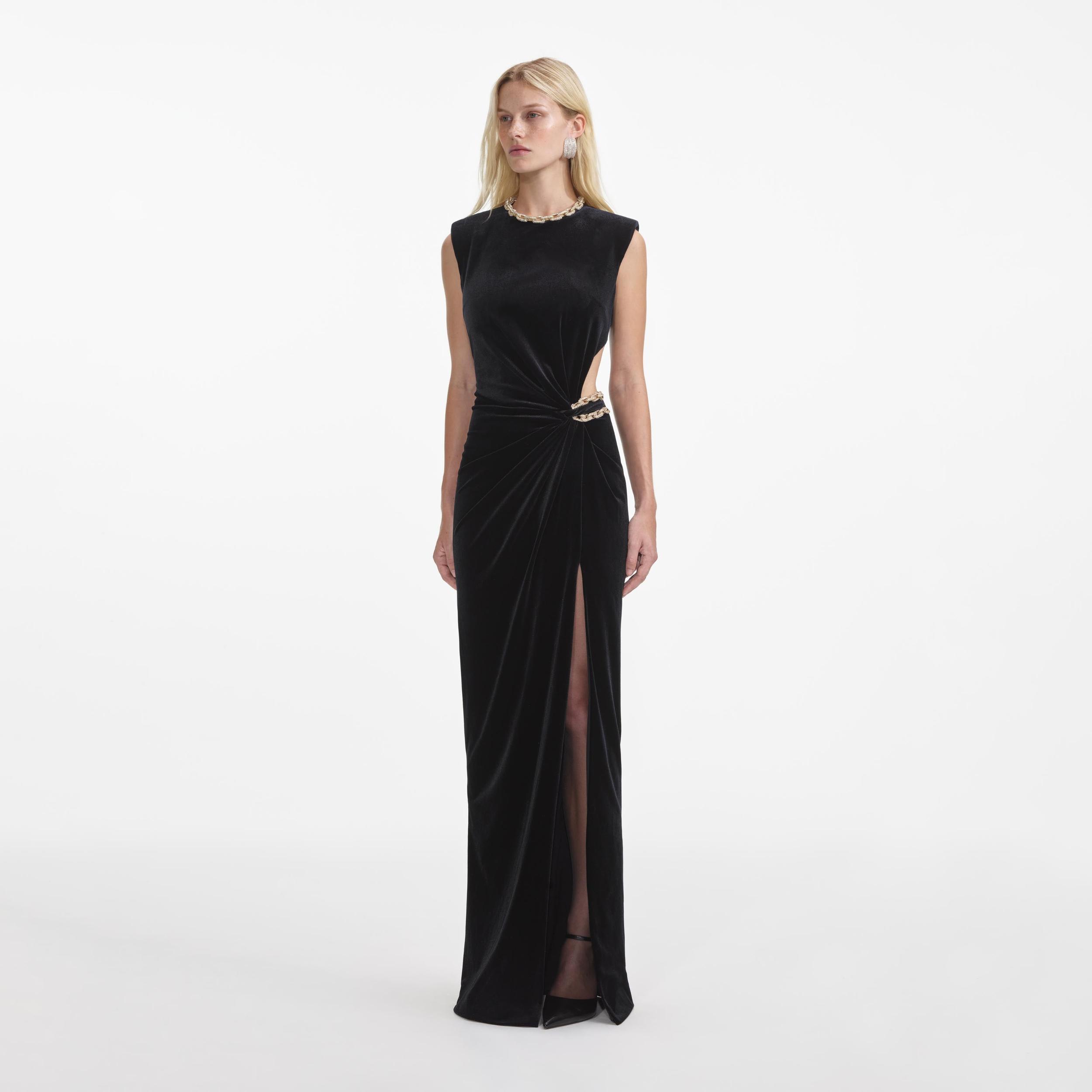 Black Velvet Embellished Maxi Dress Product Image