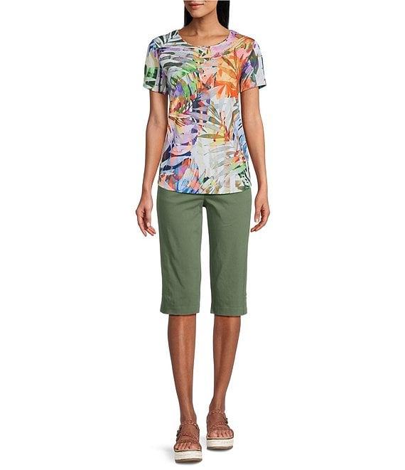 Allison Daley Tropical Melange Print Short Sleeve Crew Neck Knit Top Product Image