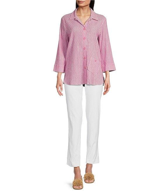 Ali Miles Yarn-Dye Striped Wire Neck 3/4 Sleeve Hi-Low Hem Button Front Tunic Product Image