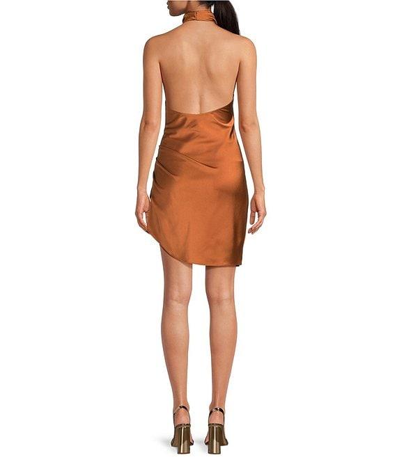 Gianni Bini Peyton Ruched Satin Cowl Halter Neck Sleeveless Open Back Detail Asymmetrical Hem Mini Sheath Dress Product Image