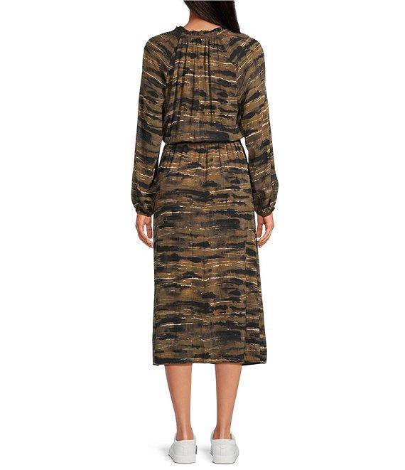 Cloth & Stone Ruffled V-Neck Animal Print Belted Midi Dress Product Image