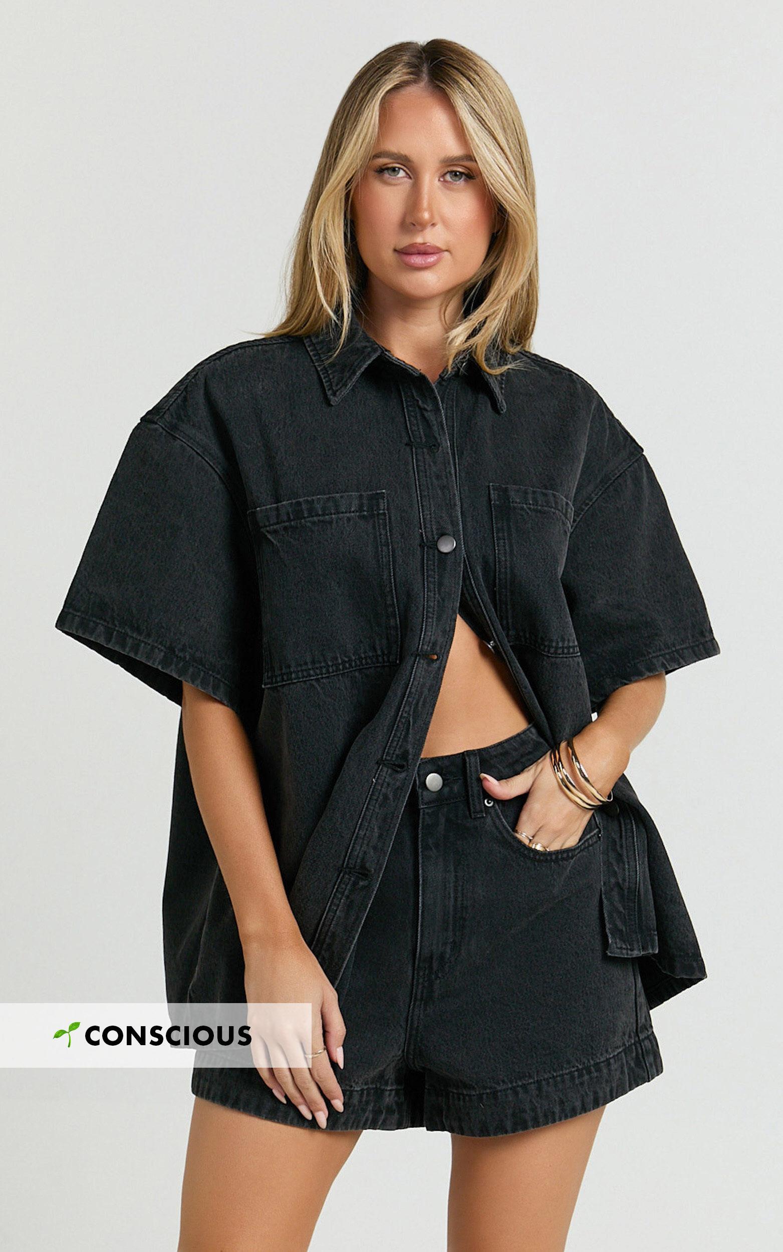 Rhianna Shorts - Mid Waist Recycled Denim Shorts in Washed Black Product Image