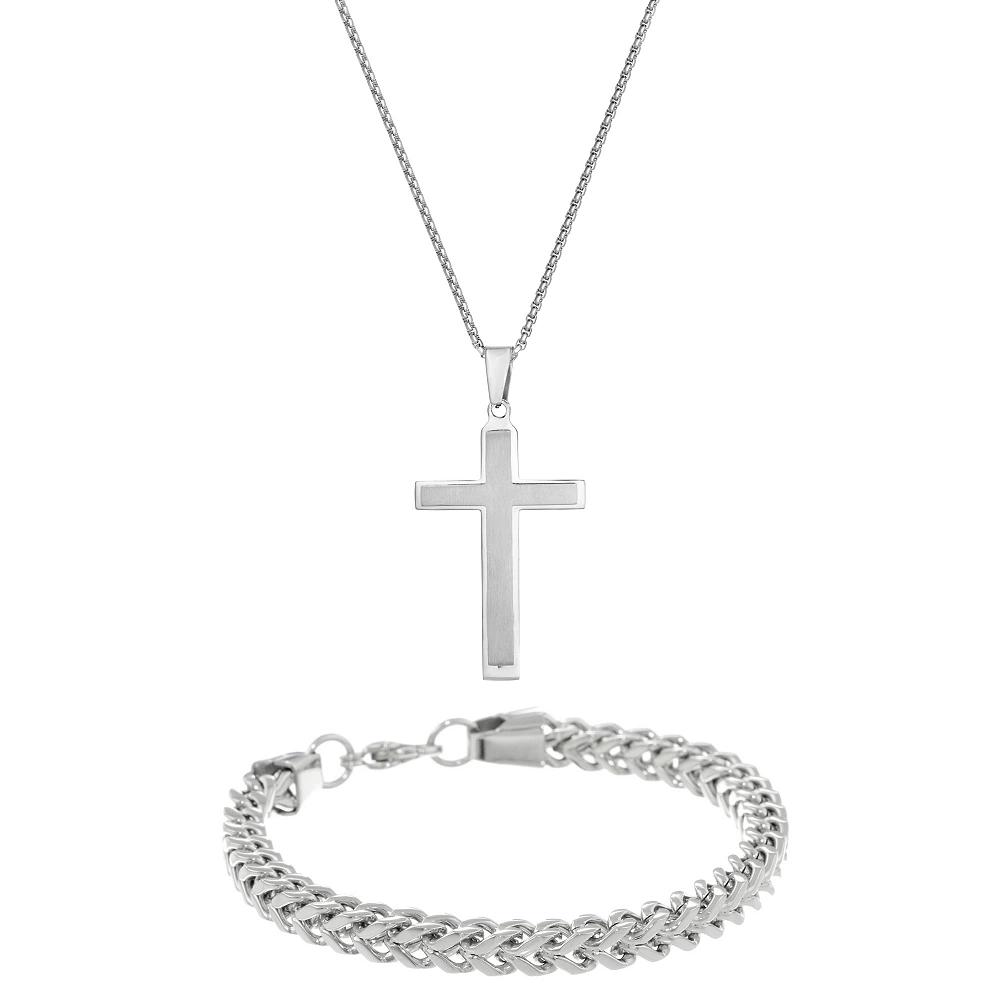 Men's LYNX Stainless Steel Cross & Chain Bracelet Set, Size: 24", Silver Product Image