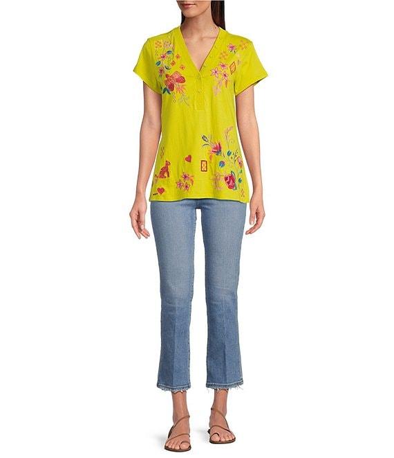 JOHNNY WAS Georgia Floral Embroidered Cotton Knit Button Detail V-Neck Short Sleeve Tee Product Image