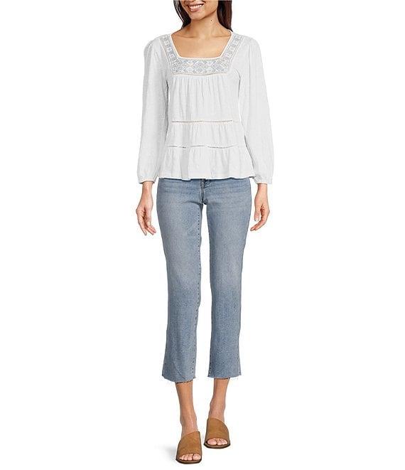Lucky Brand Lace Square Neck Long Sleeve Embroidered Tiered Top Product Image