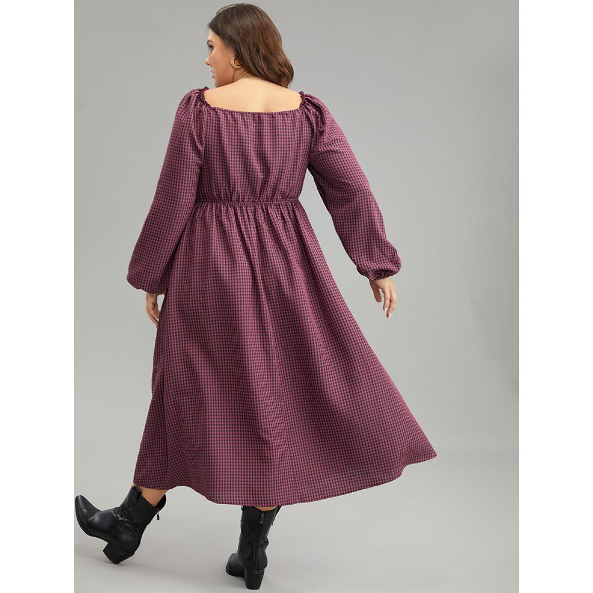Plus Size Gingham Square Neck Frill Trim Shirred Dress RedViolet Women Casual Elastic cuffs Square Neck Long Sleeve Curvy Midi Dress BloomChic 22-24/3X Product Image